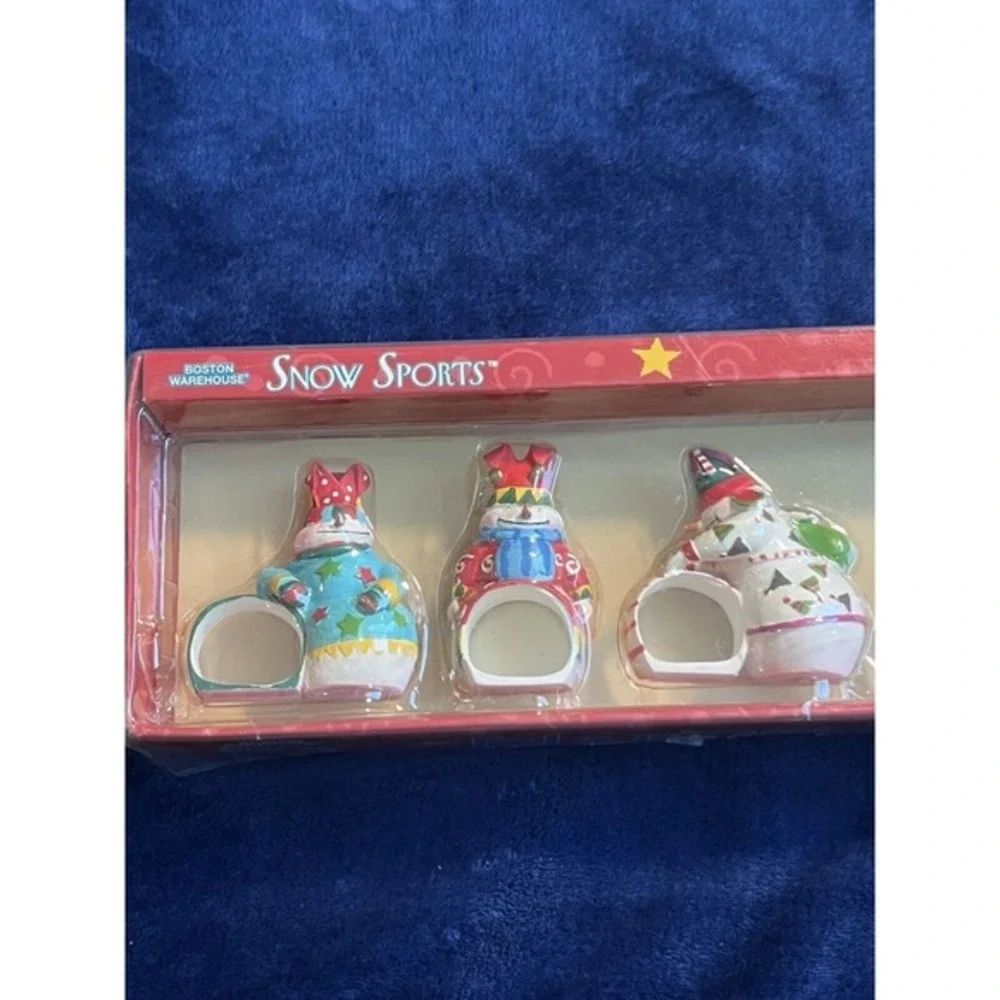 Vintage Boston Warehouse Snowman Napkin Rings Set of 4 Christmas Snow Sports Box
